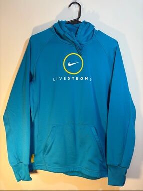 Y2K Teal Blue Nike Livestrong Cancer Foundation Logo Hoodie Pullover Sweatshirt